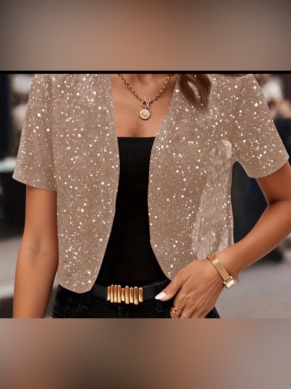 QIXING Rose Gold Sequin Short Sleeve Fashion Jacket new